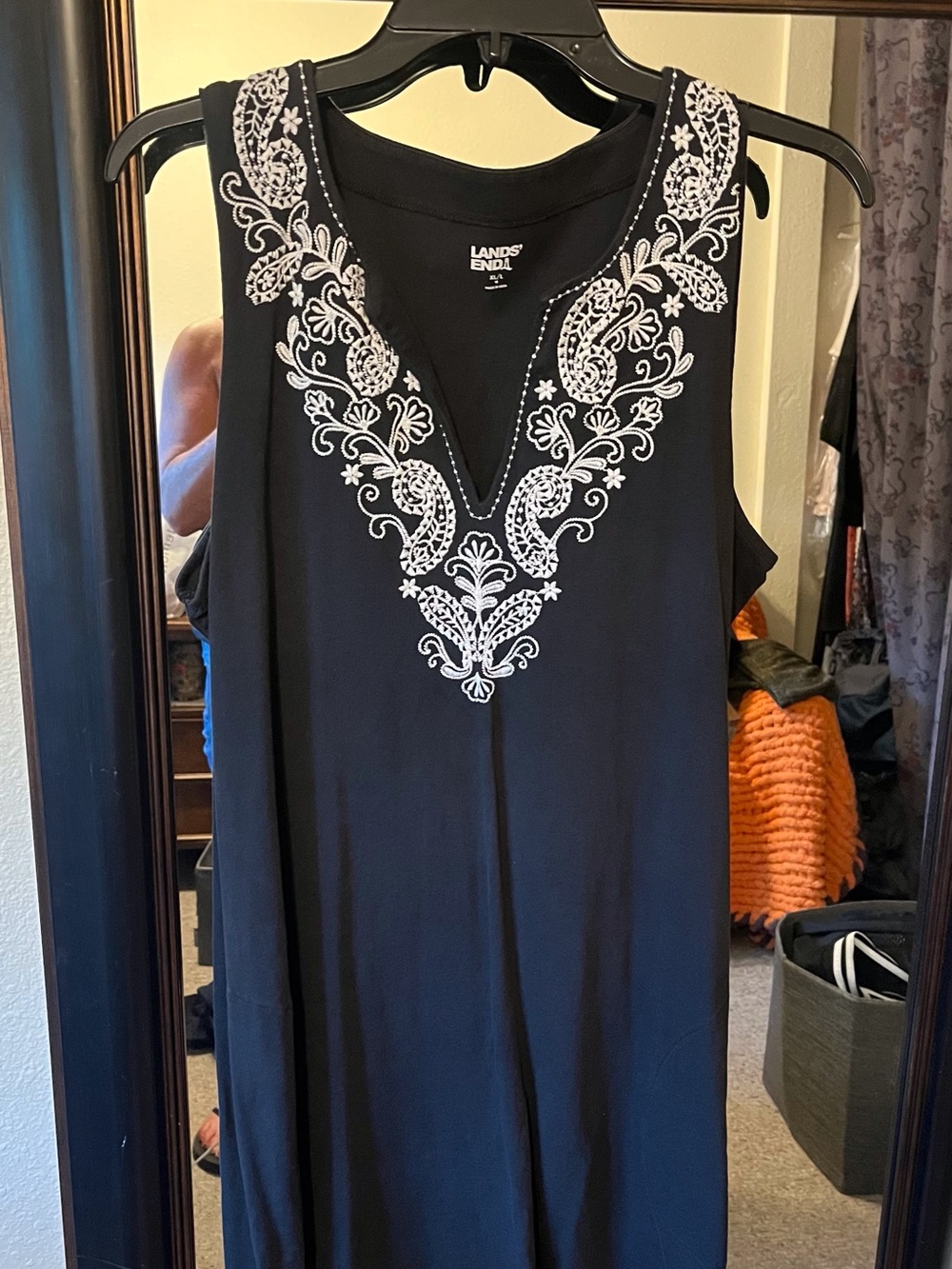 Lands' End Black Sleeveless Cover up or dress with White Embroidered V-Front